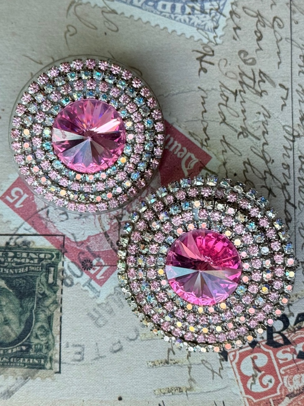 VINTAGE ROXANNE ASSOULIN Pink Crystal Round Clip Earrings Asymmetric